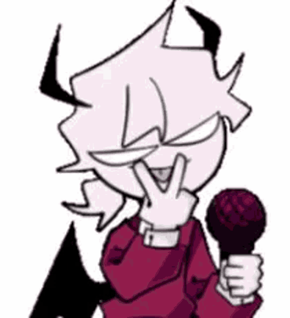 a cartoon character is holding a microphone in his hand and giving a peace sign .