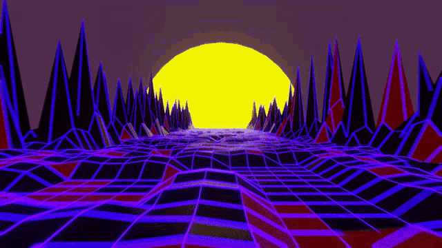 a computer generated image of a futuristic landscape with a yellow sun in the background