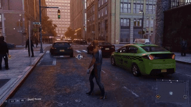 a screenshot of a video game shows a man throwing a newspaper at a green taxi cab