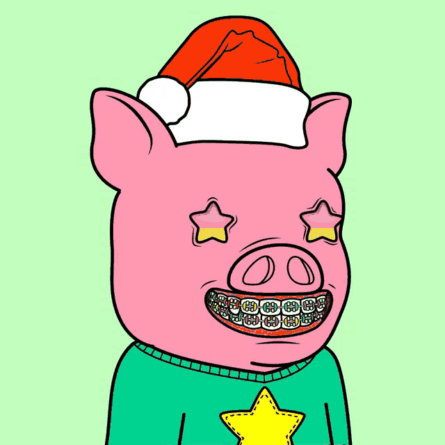 a pig with braces and a santa hat on