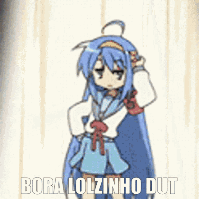 a picture of a girl with blue hair and the words bora lolzinho dut on the bottom