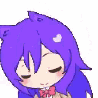 a cartoon girl with purple hair and a cat ear is wearing a bow tie .