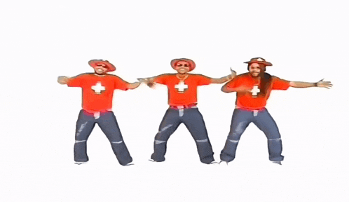 three men in red shirts with swiss crosses on them are dancing together