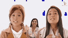 three girls are clapping in front of a white background with the letters d and a