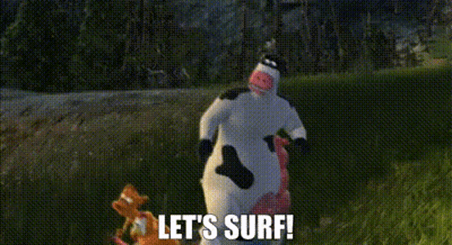 a cartoon cow is standing in a field with the words `` let 's surf '' written below it .