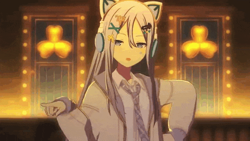 a girl wearing headphones and a tie is dancing in front of a stage .
