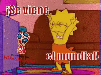 a cartoon of lisa simpson standing in front of a couch with the words se viene el mundial