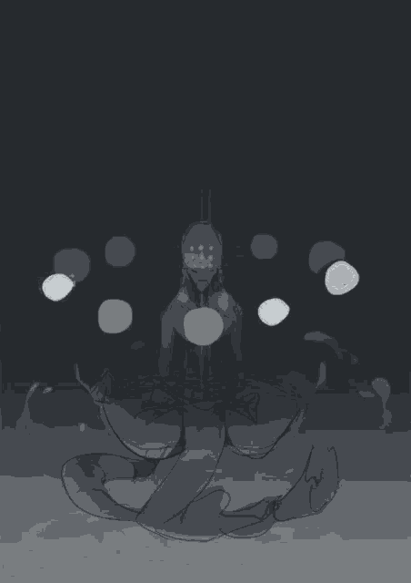 a drawing of a person in a lotus position with white circles around them