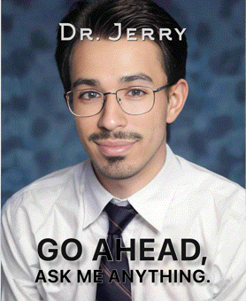 a poster for dr. jerry shows a man wearing glasses and tie