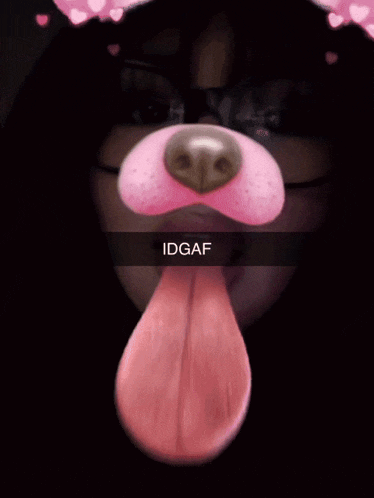 a close up of a person 's face with a dog 's nose and tongue and idgaf written on the bottom
