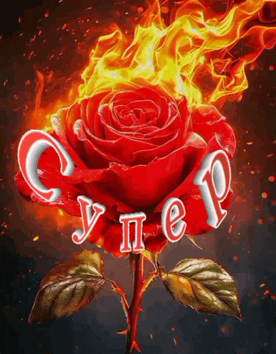 a red rose is on fire with the word super on it