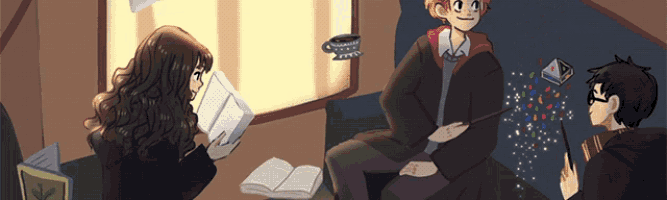 a group of harry potter characters sitting around a table with a cup of coffee in the background