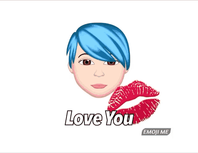 a cartoon girl with blue hair and a kiss on her lips says love you
