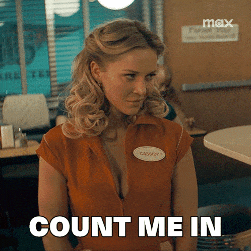 a woman with a name tag that says cassidy is sitting in a diner and says count me in