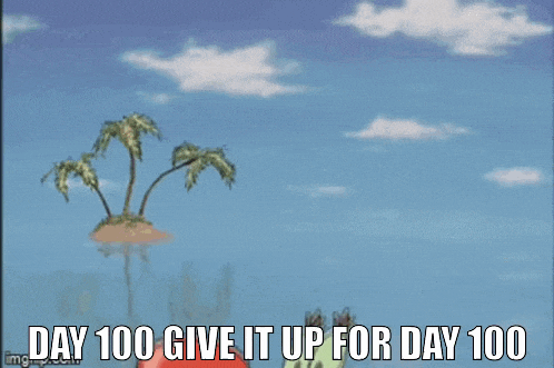 a cartoon of a crab holding a bell with the caption day 100 give it up for day 100 .