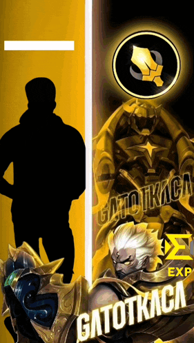 a gatotkaca advertisement with a man standing next to it