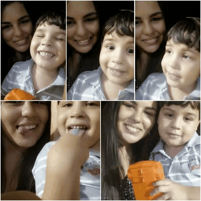 a collage of images of a woman and a child with one of the images having a sticker on it