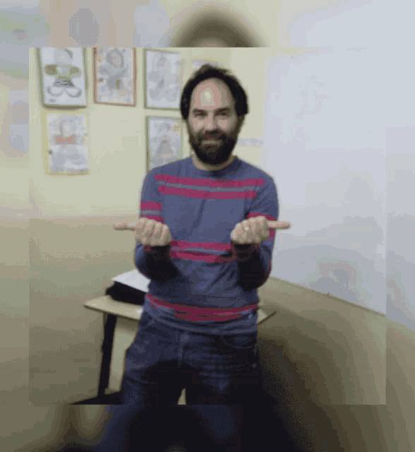 a man with a beard wearing a blue and red striped shirt is standing in front of a white board