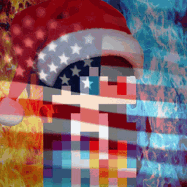 a pixelated image of a person wearing a santa hat with an american flag in the background