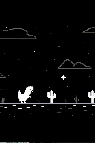 a pixel art of a t-rex running through a desert with cactus .