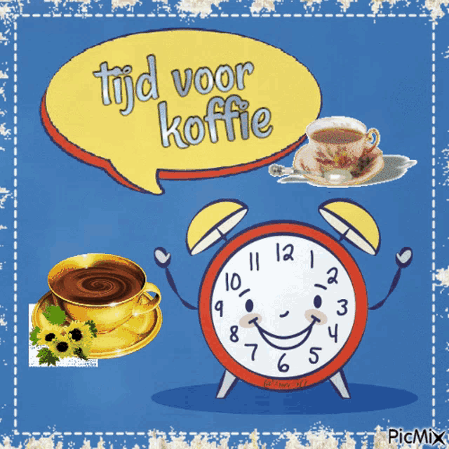 a picture of a clock with a face and the words tijd voor koffie on it