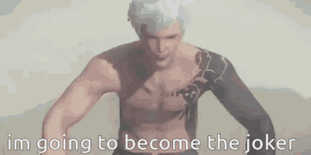 a shirtless man with a tattoo on his chest is going to become the joker