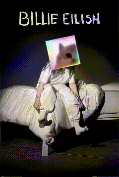 a poster for billie eilish shows a woman sitting on a bed