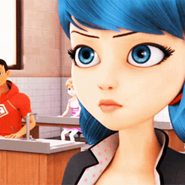 a close up of a cartoon character with blue hair and big blue eyes