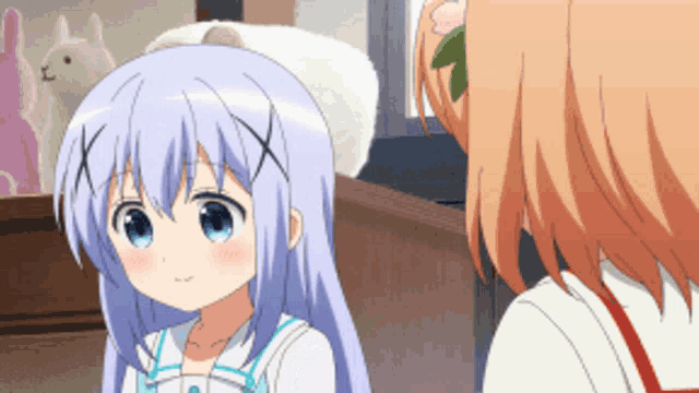 two anime girls are standing next to each other and one has blue hair