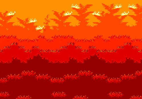 a pixel art of a sunset with trees and flowers