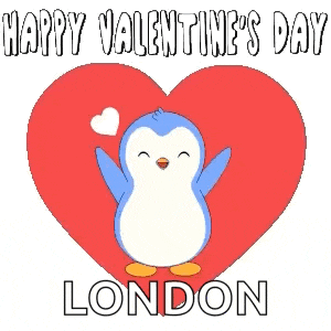 a blue penguin is standing in front of a red heart with the words happy valentine 's day london below it