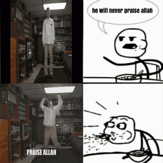 a cartoon of a man saying he will never praise allah next to a cartoon of a man eating cereal