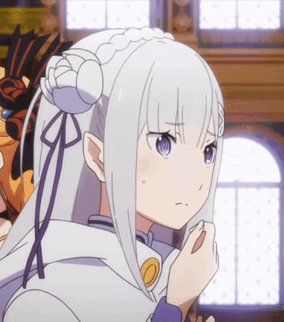 a girl with white hair and purple eyes has a ponytail