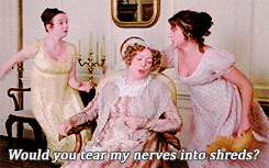 three women are standing around a woman in a chair with the words " would you tear my nerves into shreds " below them