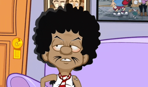 a cartoon character is sitting on a couch in front of a door