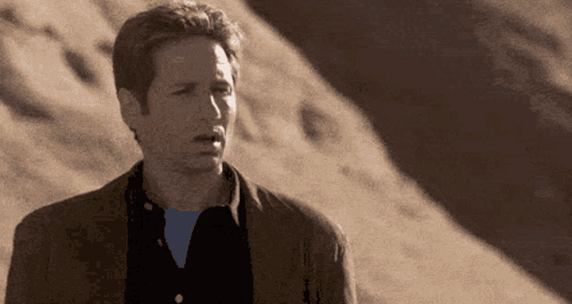 a man in a brown jacket is standing in front of a desert .
