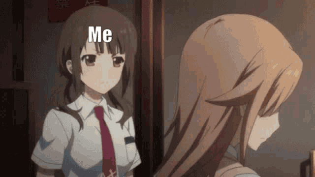 two anime girls are standing next to each other and one has the word me on her face