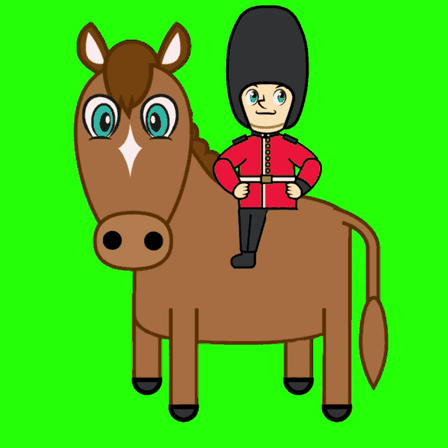 a cartoon drawing of a man riding on the back of a brown horse