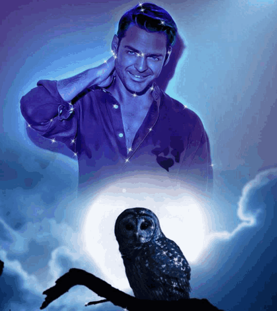 a man in a purple shirt is standing next to an owl in front of a full moon