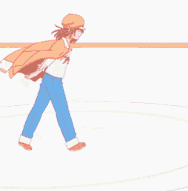 a cartoon of a person walking in a circle with a hat on