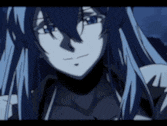 a close up of a blue haired anime girl 's face