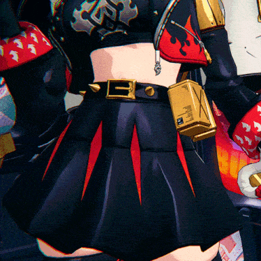 a cartoon character is wearing a black and red skirt and a gold belt with the letter x on it