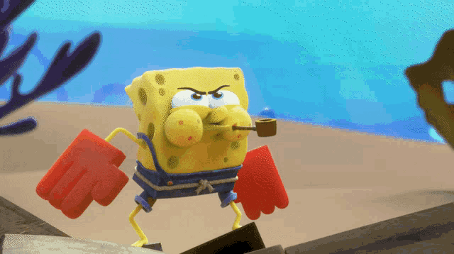 a cartoon of spongebob smoking a pipe on the beach