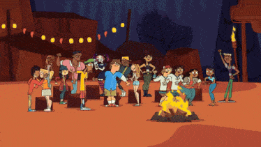 a group of cartoon characters are standing around a fire