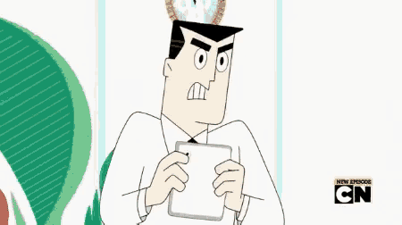 a cartoon character is holding a cell phone and a card .