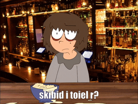 a cartoon character is sitting at a bar with a bowl of mashed potatoes and the words skibid i toiel r