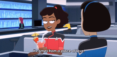 a cartoon character says it comes from a place of love while drinking a drink