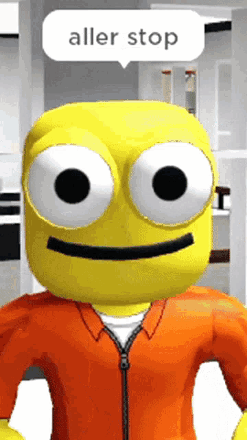 a yellow cartoon character with a white speech bubble that says aller stop