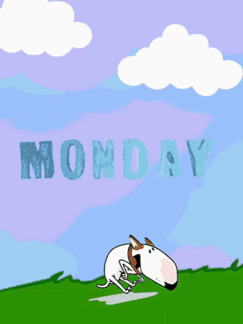 a cartoon dog is running on a grassy hill with the word monday in blue letters