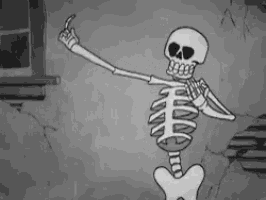 a black and white drawing of a skeleton giving a thumbs up